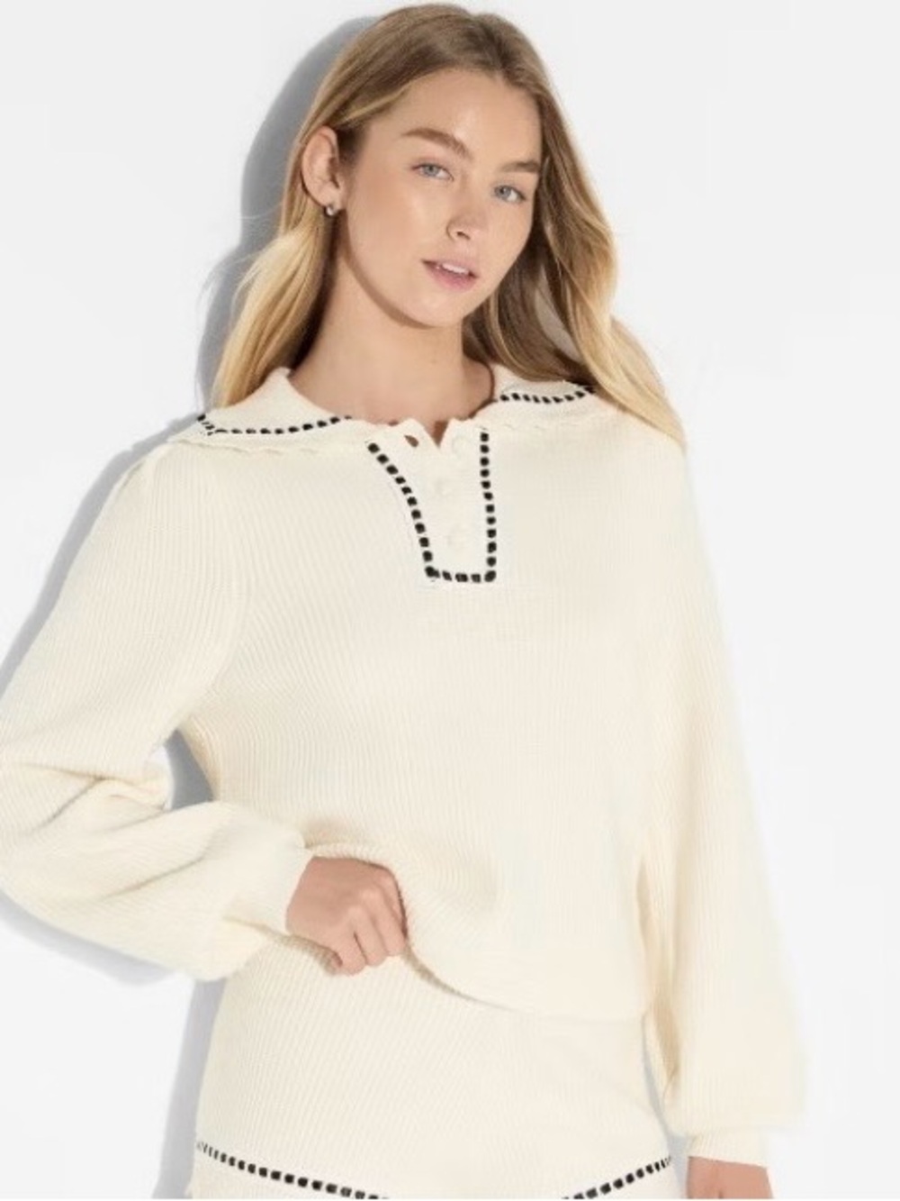 wild fable Cream Knit Polo Sweater with Black Contrast Trim